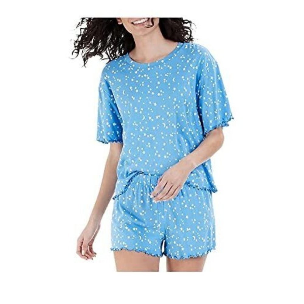 Jenni Crinkle Lettuce-Edge Shorts Pajama Star & Moon (Size Large, Blue)